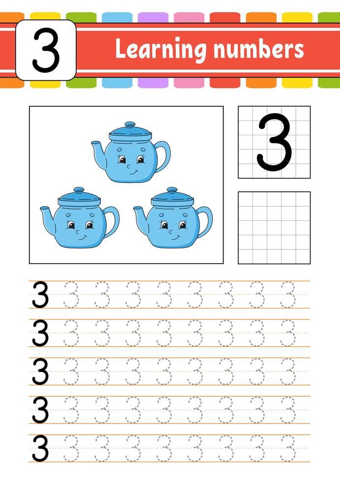 nummer 3. traceren en schrijven. handschrift oefenen. cijfers leren voor kinderen. onderwijs ontwikkelen werkblad. activiteiten pagina. geïsoleerde vectorillustratie in schattige cartoon-stijl. vector