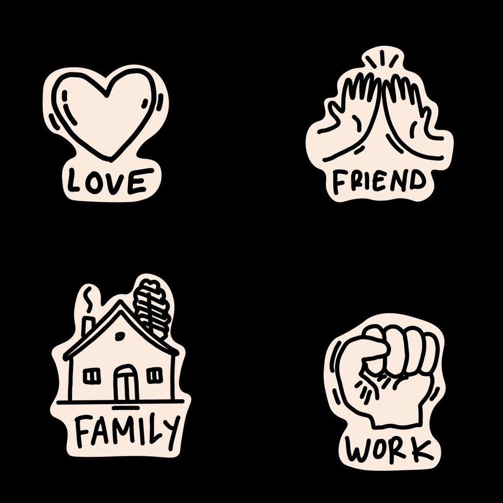 liefde, vriend, familie en werk stickers pak vector