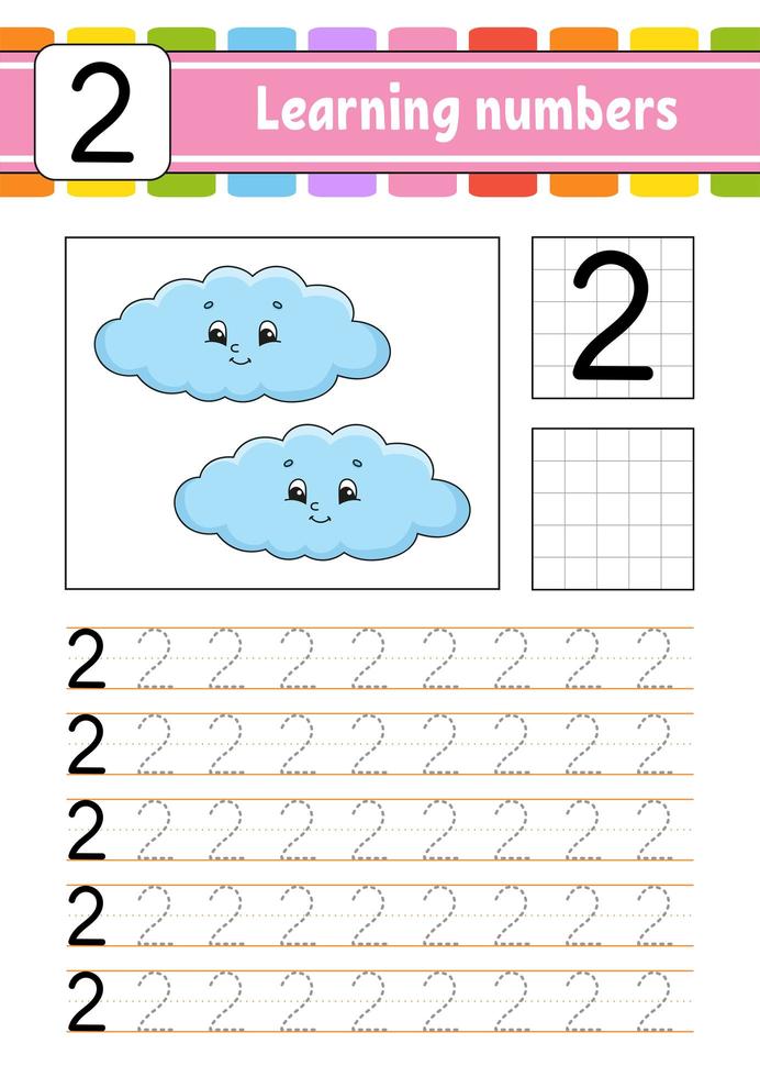 traceer en schrijf. handschrift oefenen. cijfers leren voor kinderen. onderwijs ontwikkelen werkblad. activiteiten pagina. spel voor peuters en kleuters. geïsoleerde vectorillustratie in schattige cartoon-stijl. vector