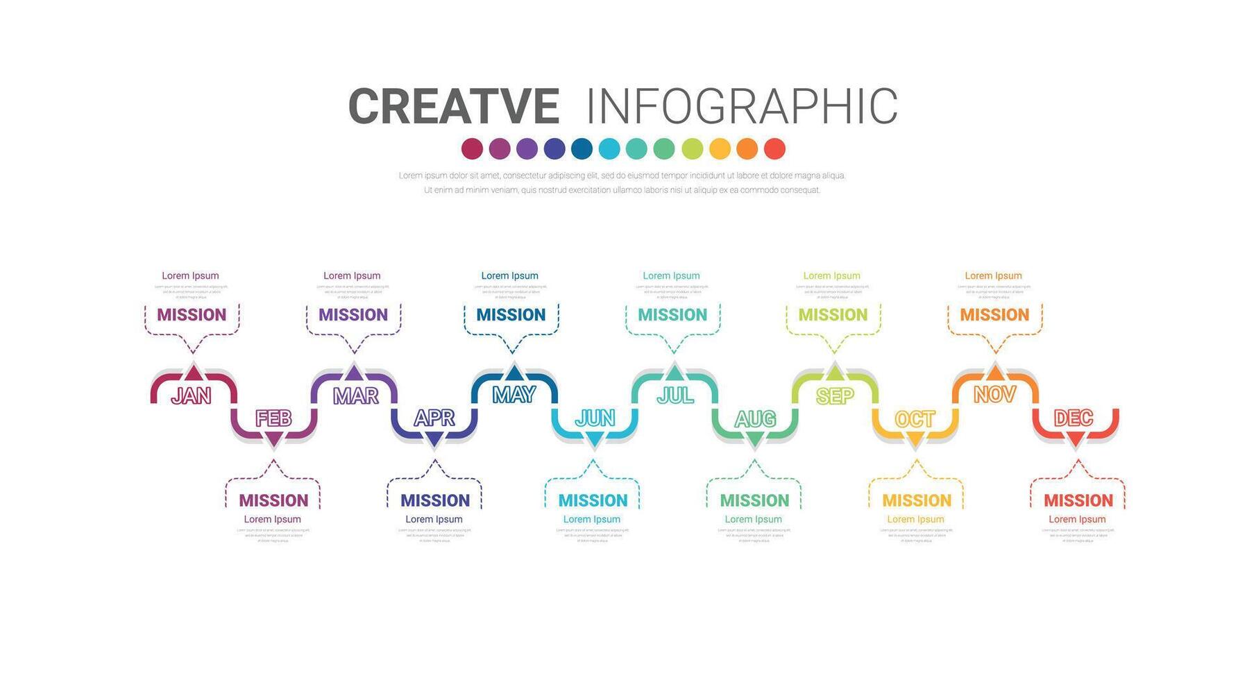 tijdlijnpresentatie voor 12 maanden, 1 jaar, tijdlijn infographics ontwerp vector en presentatie bedrijf kan worden gebruikt voor bedrijfsconcept met 12 opties, stappen of processen.