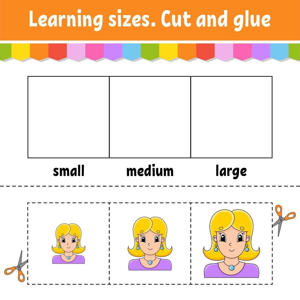 leermaten. knip en lijm. eenvoudig niveau. werkblad kleuractiviteit. spel voor kinderen. stripfiguur. vectorillustratie. vector