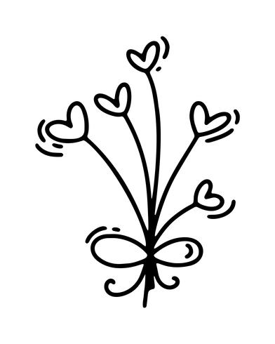 Vectormonolinebloemen met harten. Valentijnsdag Hand getrokken pictogram. Vakantie schets doodle Ontwerp plant element valentijn. liefdes decor voor web, bruiloft en print. Geïsoleerde illustratie vector