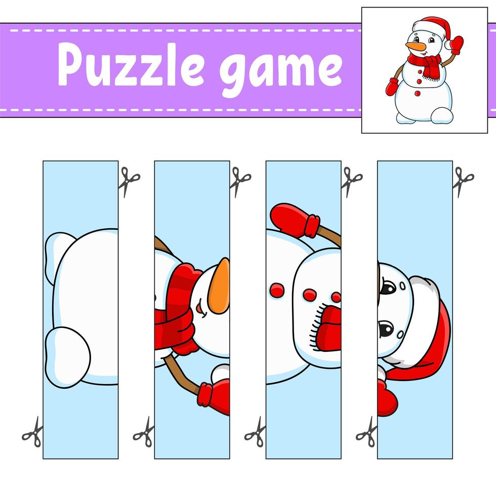 puzzelspel voor kinderen. snijden praktijk. kerst thema. onderwijs ontwikkelen werkblad. activiteiten pagina. stripfiguur. vector
