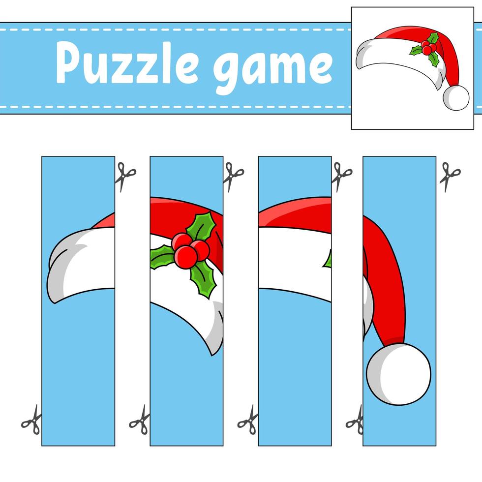 puzzelspel voor kinderen. snijden praktijk. kerst thema. onderwijs ontwikkelen werkblad. activiteiten pagina. stripfiguur. vector