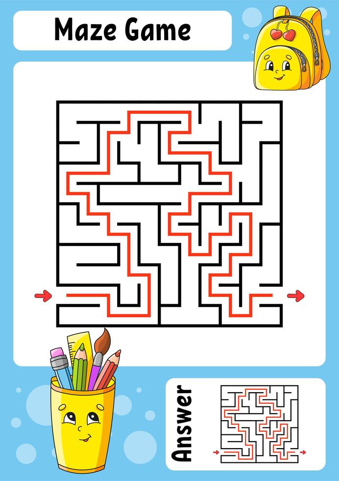 vierkant doolhof. spel voor kinderen. grappig labyrint. onderwijs ontwikkelen werkblad. activiteiten pagina. puzzel voor kinderen. cartoon-stijl. terug naar school. logisch raadsel. kleur vectorillustratie. vector