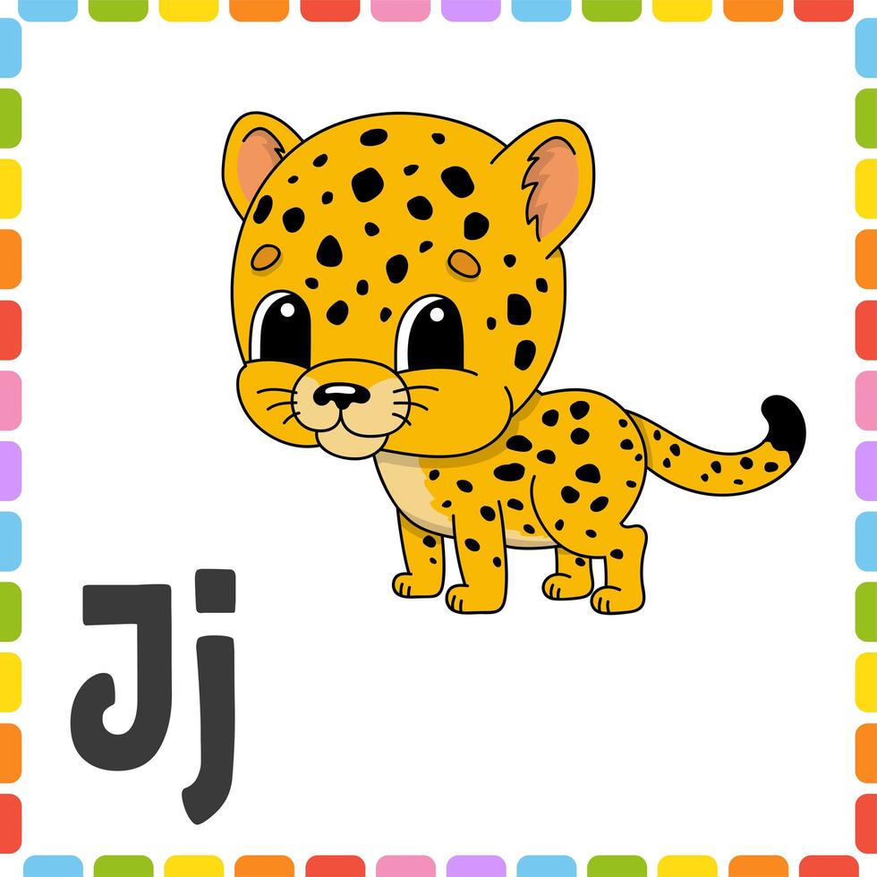 grappig alfabet. letter j - jaguar. abc vierkante flitskaarten. stripfiguur geïsoleerd op een witte achtergrond. voor kinderen onderwijs. werkblad ontwikkelen. letters leren. kleur vectorillustratie. vector