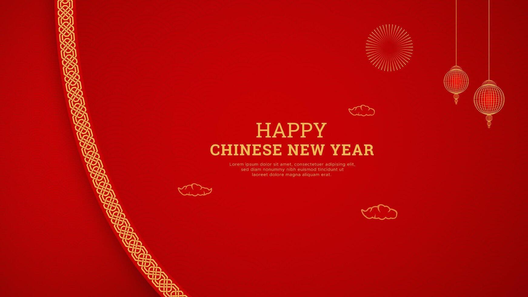 gelukkig Chinese nieuw jaar rood achtergrond ontwerp met Chinese grens patroon en lantaarns vector