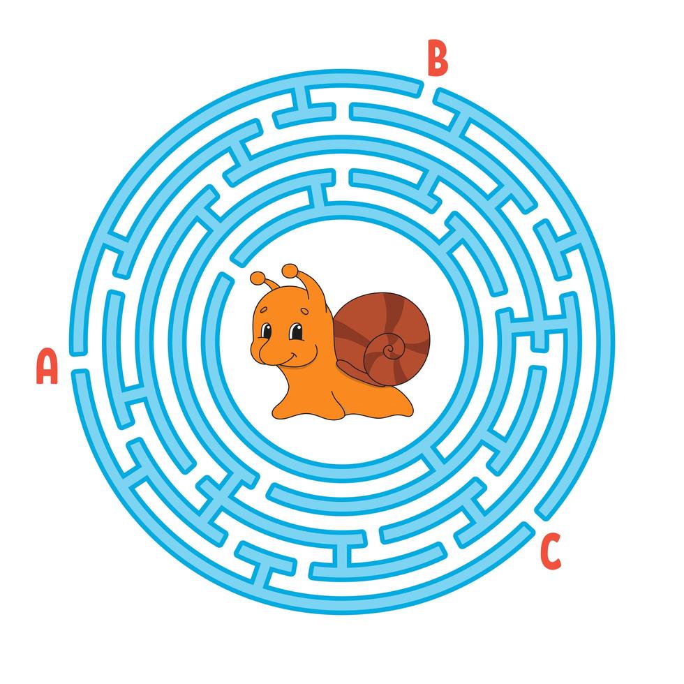 cirkel doolhof. spel voor kinderen. puzzel voor kinderen. rond labyrint raadsel. slak weekdier. kleur vectorillustratie. de juiste weg vinden. onderwijs werkblad. vector