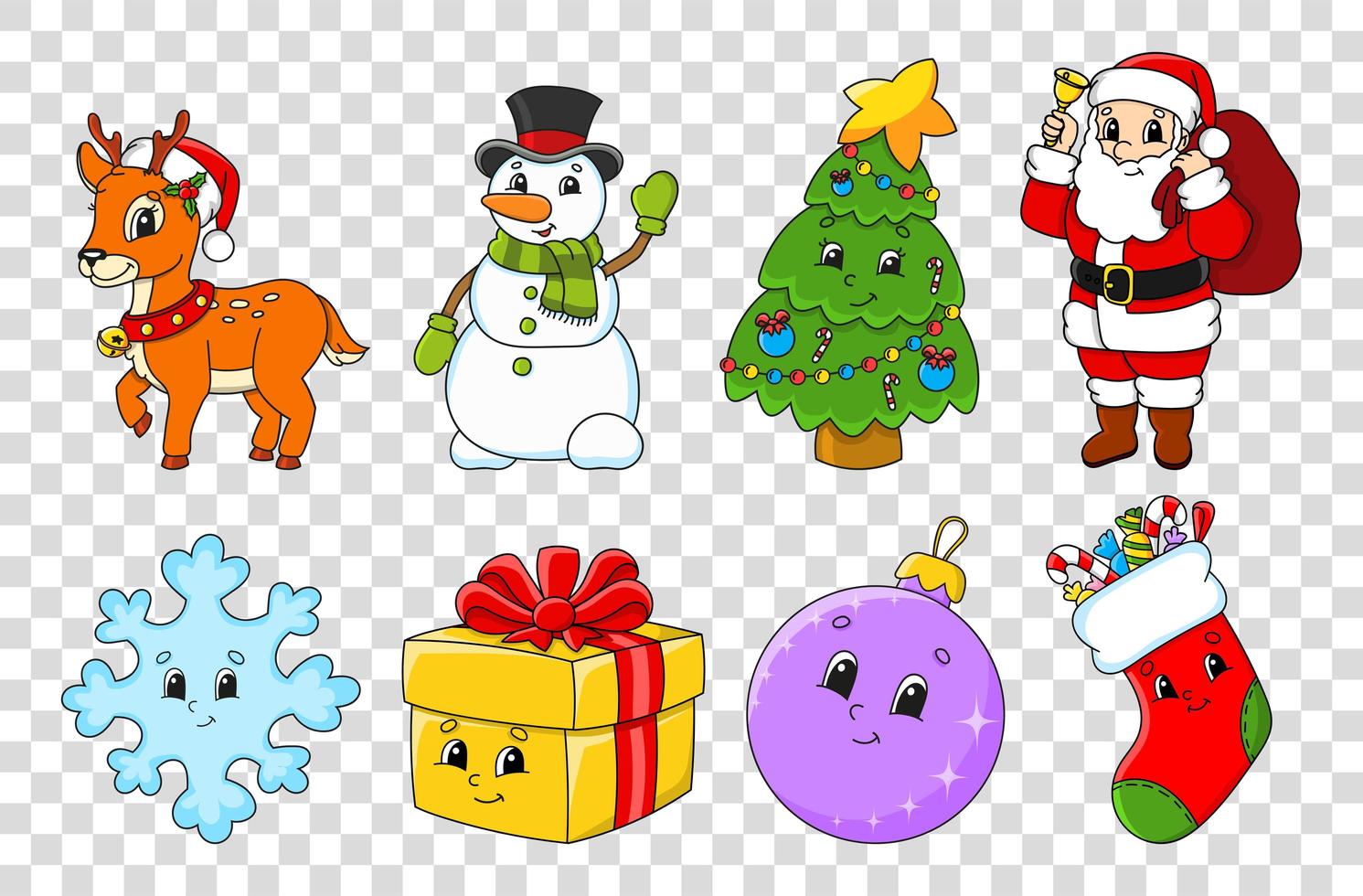 set stripfiguren. sprookjesboom, kerstman met geschenken, schattige herten, sneeuwpop, sok, sneeuwvlok, bal, cadeau. Gelukkig nieuwjaar en vrolijk kerstfeest. hand getekend. kleur geïsoleerde vectorillustratie. vector