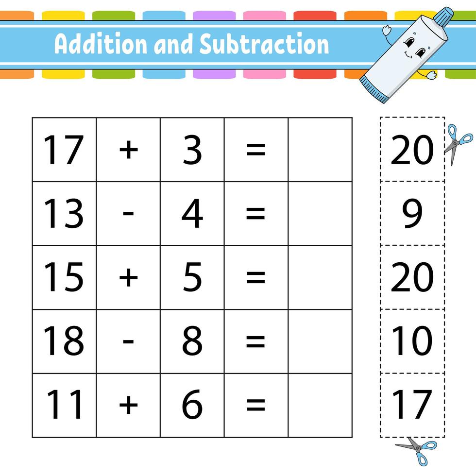 optellen en aftrekken. taak voor kinderen. knippen en plakken. onderwijs ontwikkelen werkblad. activiteiten pagina. spel voor kinderen. grappig karakter. geïsoleerde vectorillustratie. cartoon-stijl. vector