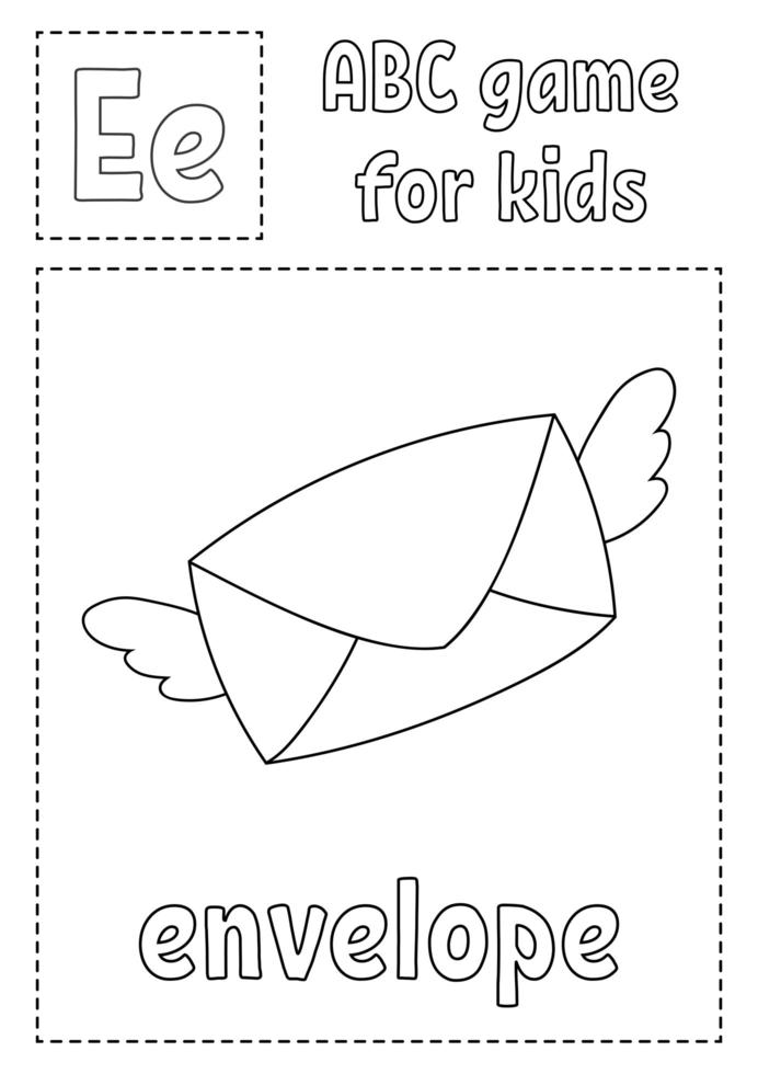 letter e is voor envelop. abc-spel voor kinderen. alfabet kleurplaat. stripfiguur. woord en letter. vectorillustratie. vector