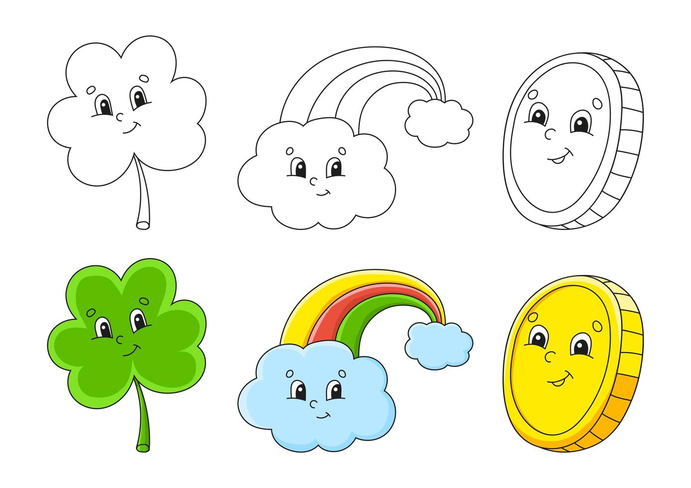 set kleurplaat voor kinderen. NS. Patrick's dag. klaver klaver. magische regenboog. gouden munt. leuke stripfiguren. zwarte slag. vectorillustratie. met monster. vector