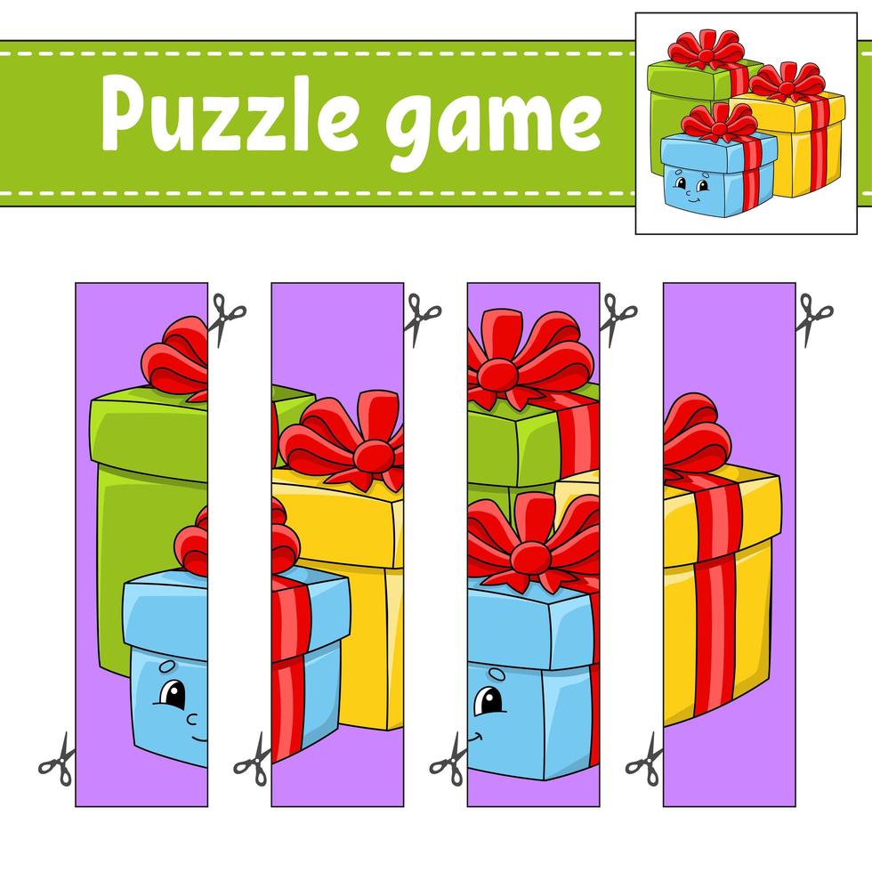 puzzelspel voor kinderen. snijden praktijk. kerst thema. onderwijs ontwikkelen werkblad. activiteiten pagina. stripfiguur. vector