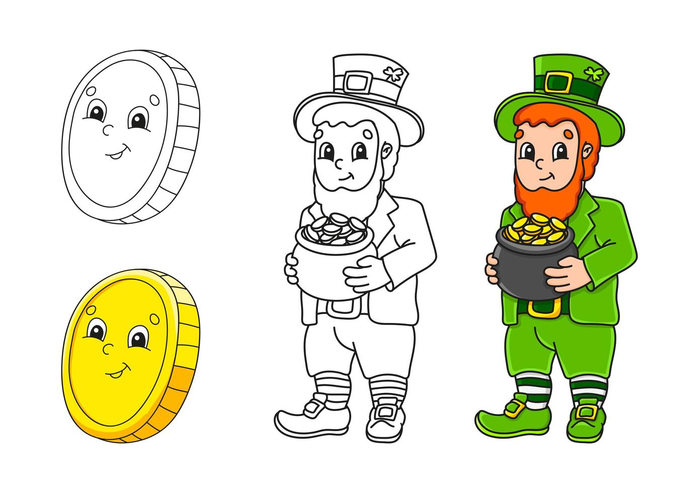 set kleurplaat voor kinderen. NS. Patrick's dag. gouden munt. kabouter met een pot met goud. leuke stripfiguren. zwarte slag. vectorillustratie. met monster. vector