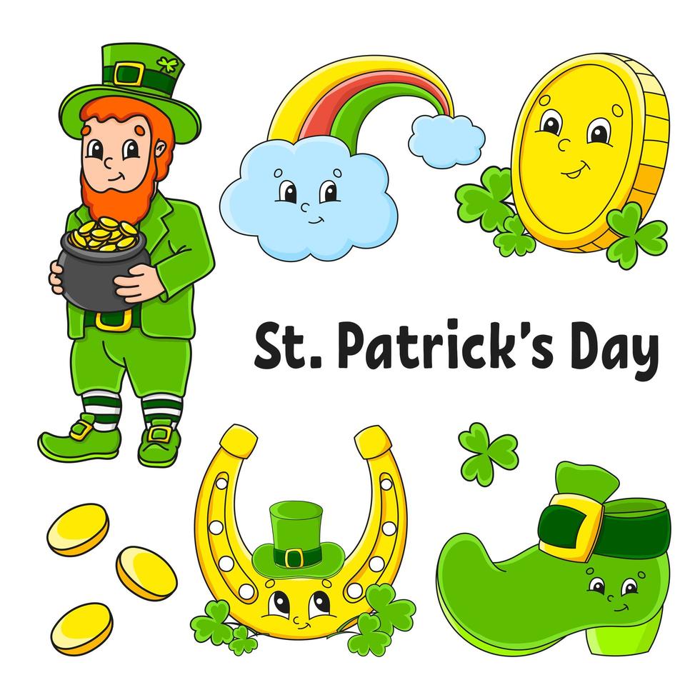 set kleurstickers voor kinderen. kabouter met een pot met goud, laars, gouden munt, klaver, magische regenboog, hoefijzer. NS. Patrick's dag. stripfiguren. zwarte slag. geïsoleerde vectorillustratie. vector