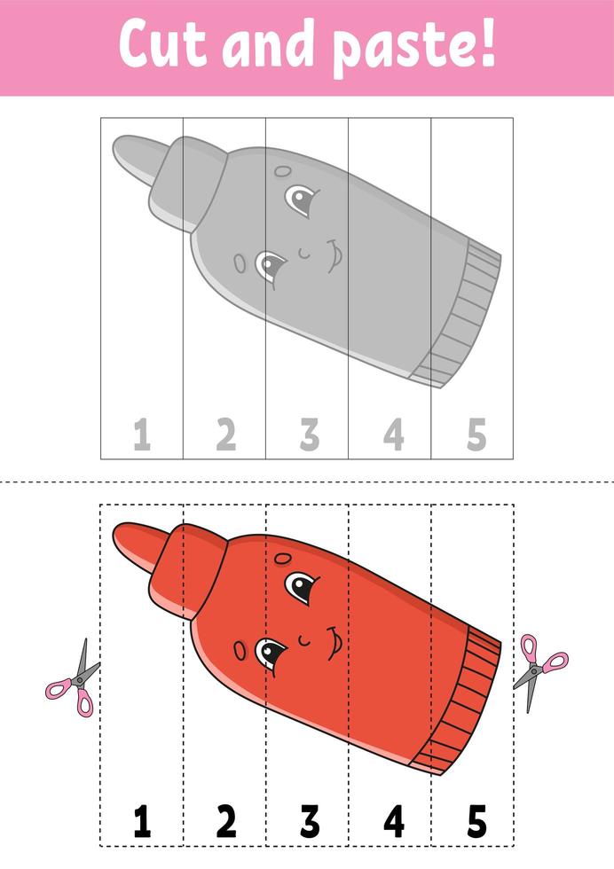 leernummers 1-5. knip en lijm. stripfiguur. onderwijs ontwikkelen werkblad. spel voor kinderen. activiteiten pagina. kleur geïsoleerde vectorillustratie. vector