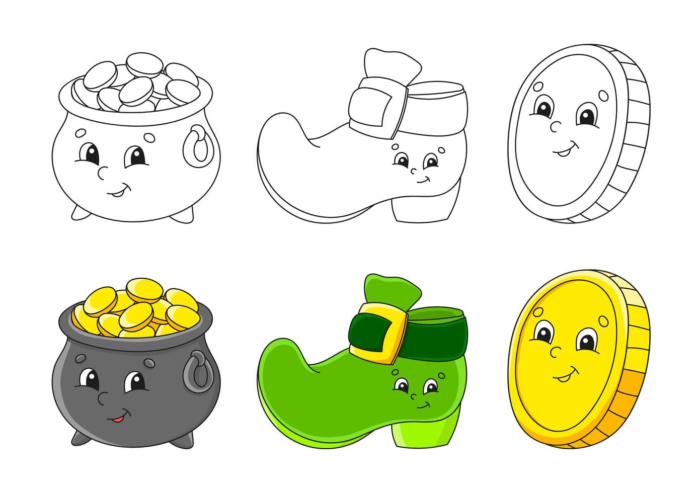 set kleurplaat voor kinderen. NS. Patrick's dag. pot met goud, kabouterlaars, gouden munt. leuke stripfiguren. zwarte slag. vectorillustratie. met monster. vector