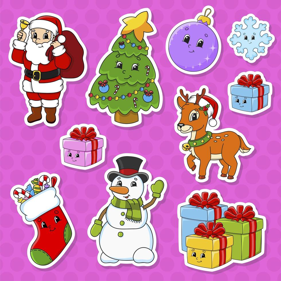 set stickers met schattige stripfiguren. kerstthema. hand getekend. kleurrijk pakket. vector illustratie. patch badges collectie. label ontwerpelementen. voor dagelijkse planner, dagboek, organisator.