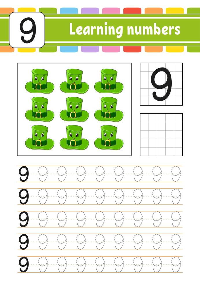 traceer en schrijf nummers. handschrift oefenen. cijfers leren voor kinderen. onderwijs ontwikkelen werkblad. activiteiten pagina. spel voor peuters. geïsoleerde vectorillustratie in schattige cartoon-stijl. vector