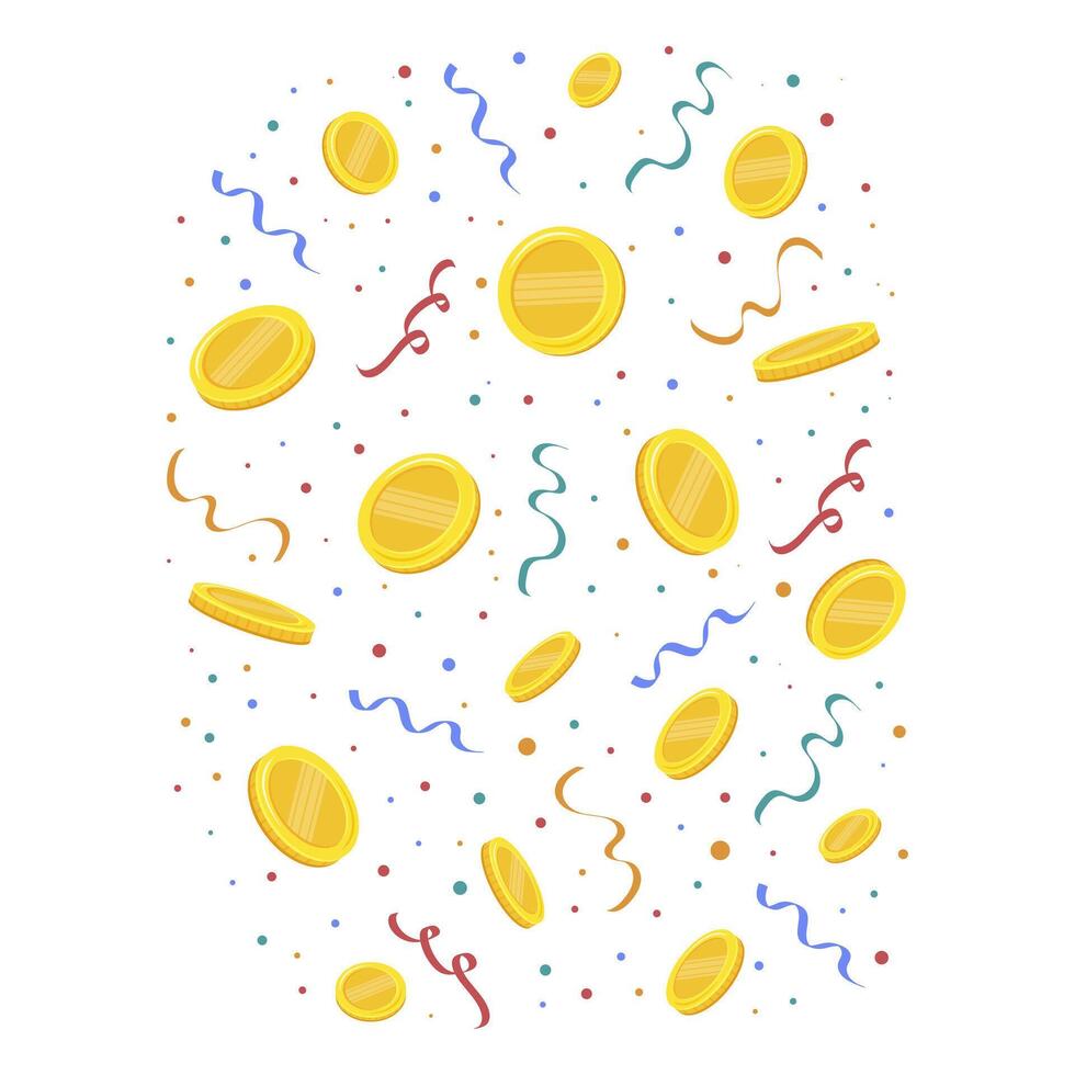 munten vallend en confetti. vector illustratie.