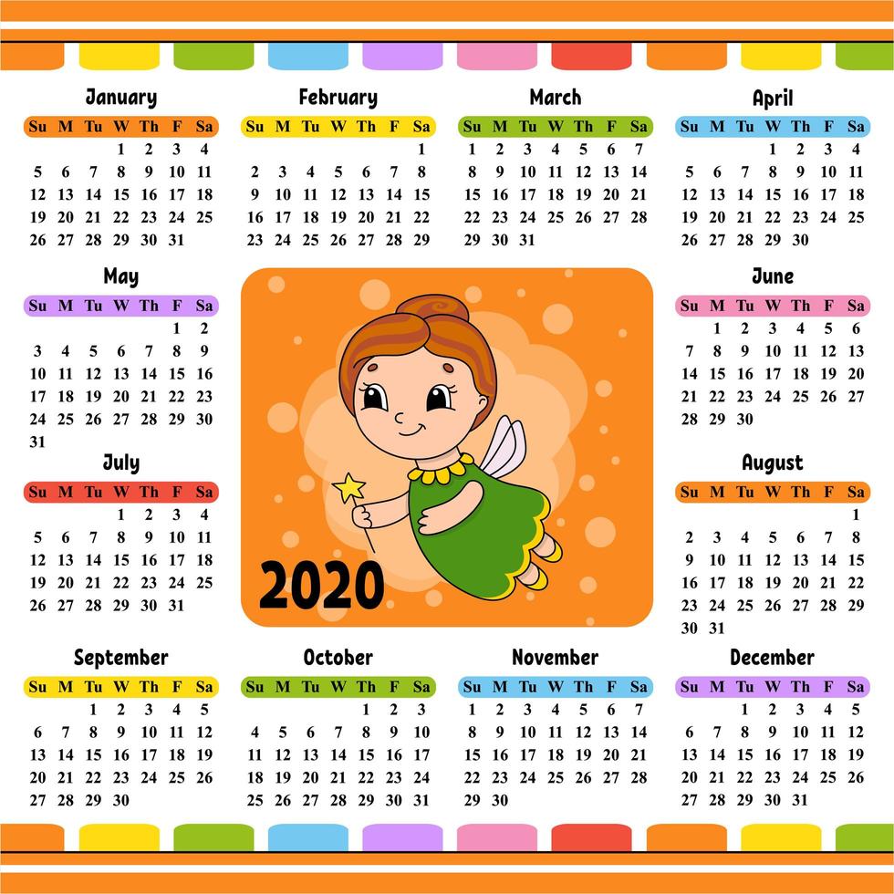 bejaarde tandenfee in een jurk met vleugels en een toverstaf. kalender voor 2020 met een schattig karakter. leuk en helder ontwerp. geïsoleerde kleur vectorillustratie. cartoon-stijl. vector