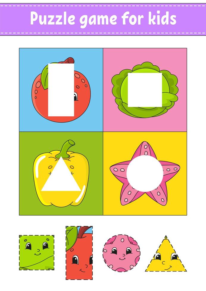 puzzelspel voor kinderen. snijden praktijk. fruit en groenten. onderwijs ontwikkelen werkblad. activiteit page.cartoon karakter. vector