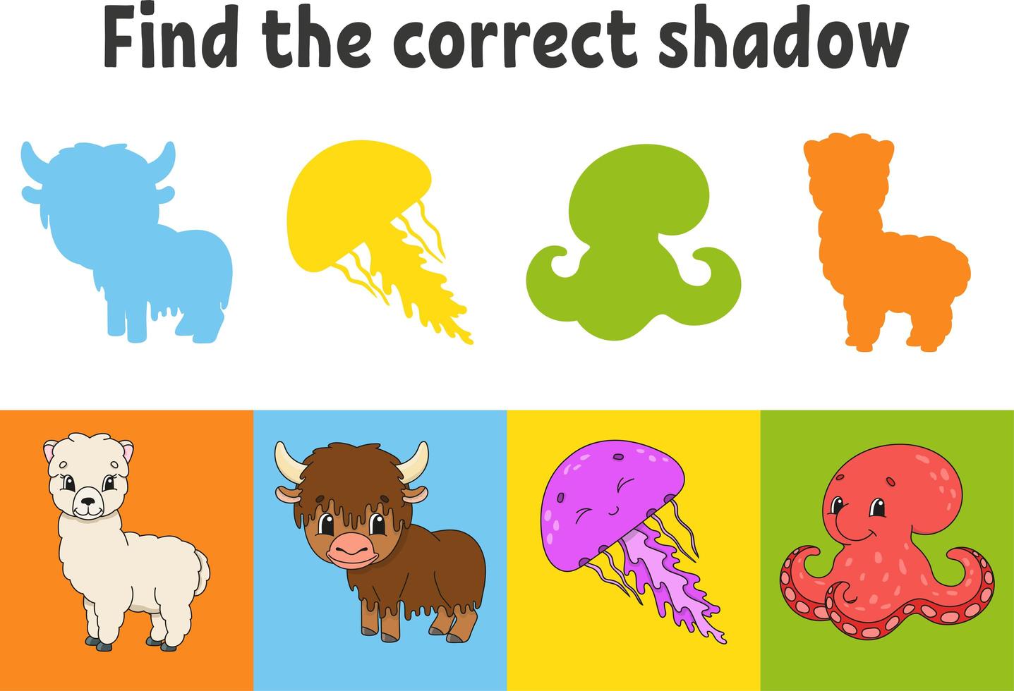 zoek de juiste schaduw. onderwijs werkblad. alpaca, yak, kwallen, octopus. bijpassende spel voor kinderen. kleur activiteitenpagina. puzzel voor kinderen. stripfiguur. geïsoleerde vectorillustratie. vector