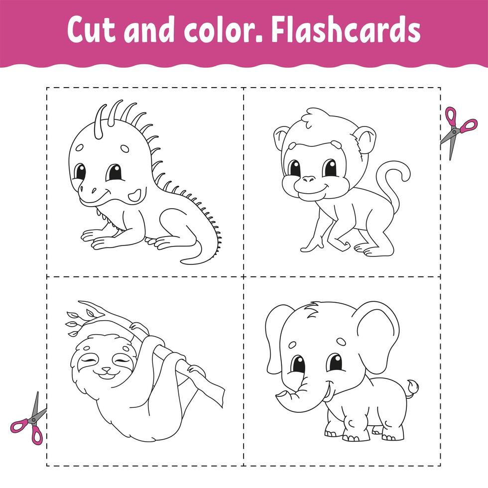 knippen en kleuren. flashcard ingesteld. aap, luiaard, leguaan, olifant. kleurboek voor kinderen. stripfiguur. schattig dier. vector