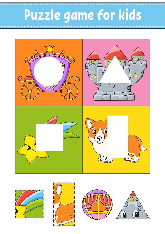 puzzelspel voor kinderen. knippen en plakken. snijden praktijk. vormen leren. onderwijs werkblad. cirkel, vierkant, rechthoek, driehoek. activiteit page.cartoon karakter. vector