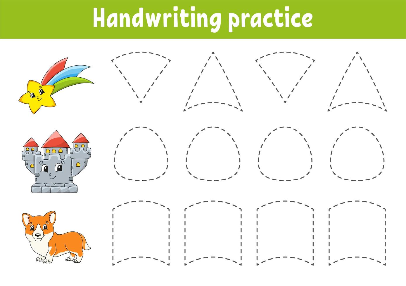 handschriftpactice. onderwijs ontwikkelend werkblad. activiteitenpagina. kleurenspel voor kinderen. geïsoleerde vectorillustratie. stripfiguur. vector