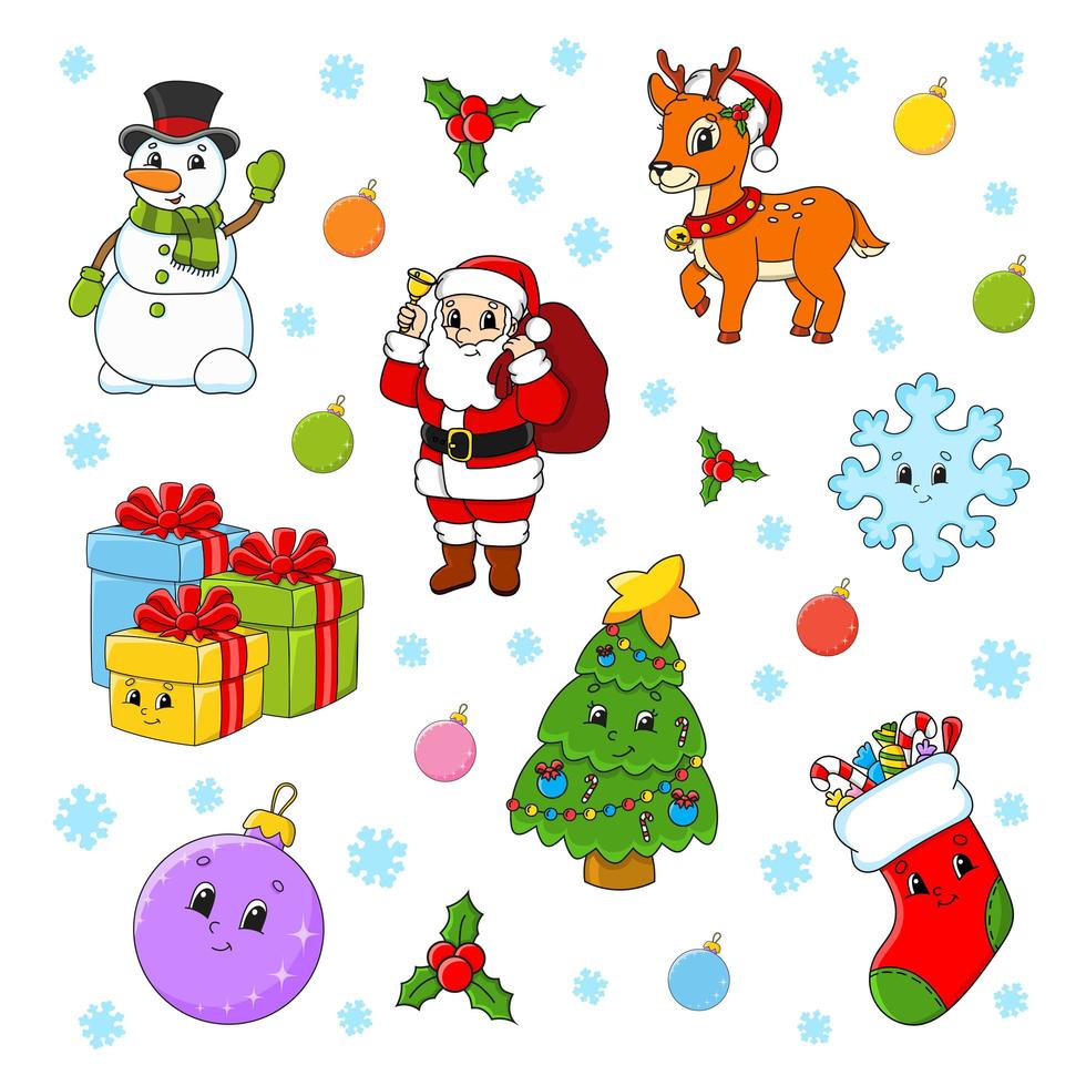 set stripfiguren. gelukkige kerstboom, kerstman, hert, sneeuwpop, geschenkdozen, sok, sneeuwvlok, bal. nieuwjaar en vrolijk kerstfeest. hand getekend. kleur geïsoleerde vectorillustratie. vector