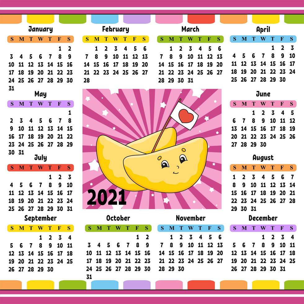 kalender voor 2021 met een schattig karakter. leuk en helder ontwerp. geïsoleerde kleur vectorillustratie. cartoon-stijl. vector