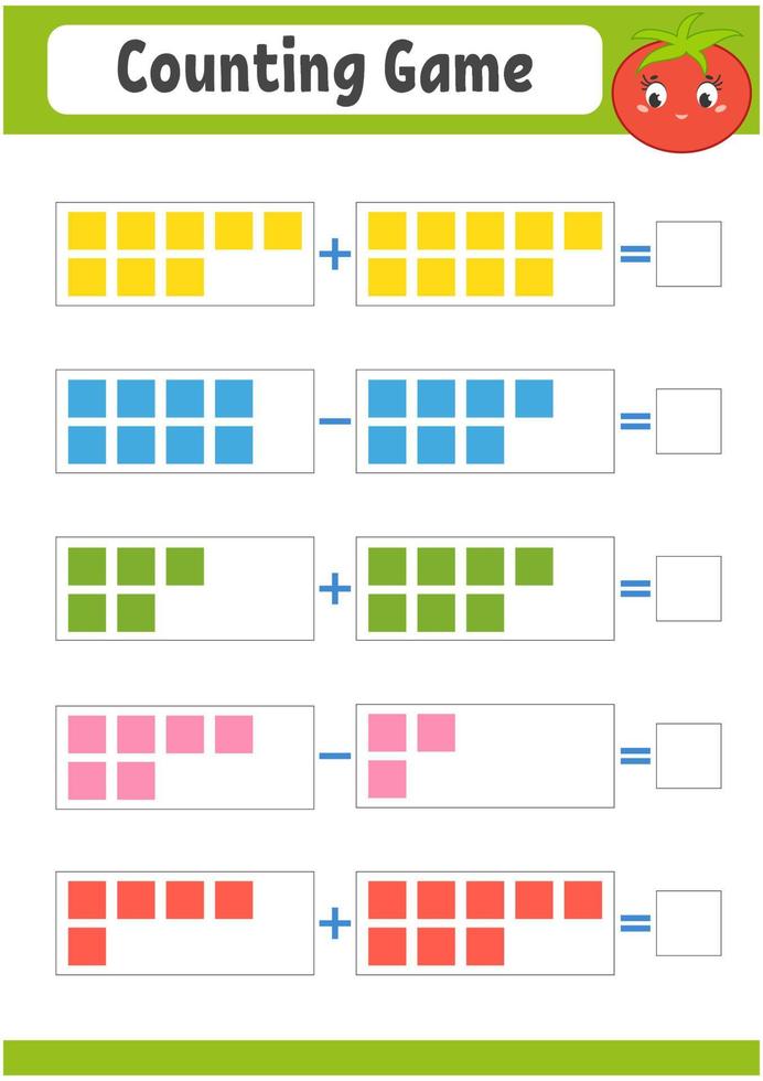 optellen en aftrekken. taak voor kinderen. onderwijs ontwikkelen werkblad. activiteit kleurenpagina. spel voor kinderen. grappig karakter. geïsoleerde vectorillustratie. cartoon-stijl. vector