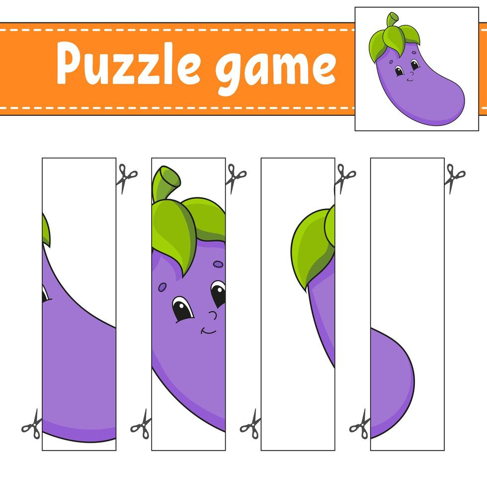 puzzelspel voor kinderen. plantaardige aubergine. snijden praktijk. onderwijs ontwikkelen werkblad. activiteit page.cartoon karakter. vector