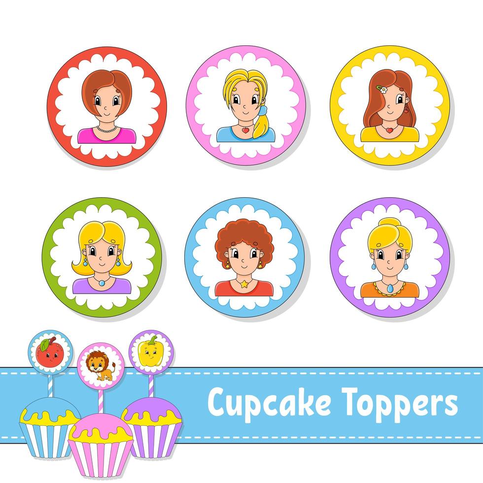 cupcake toppers. set van zes ronde foto's. mooie lachende meisjes. stripfiguren. schattig beeld. voor verjaardag, feest, babyshower. vector