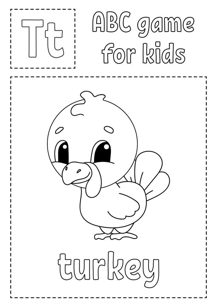 abc-spel voor kinderen. alfabet kleurplaat. stripfiguur. woord en letter. vectorillustratie. vector