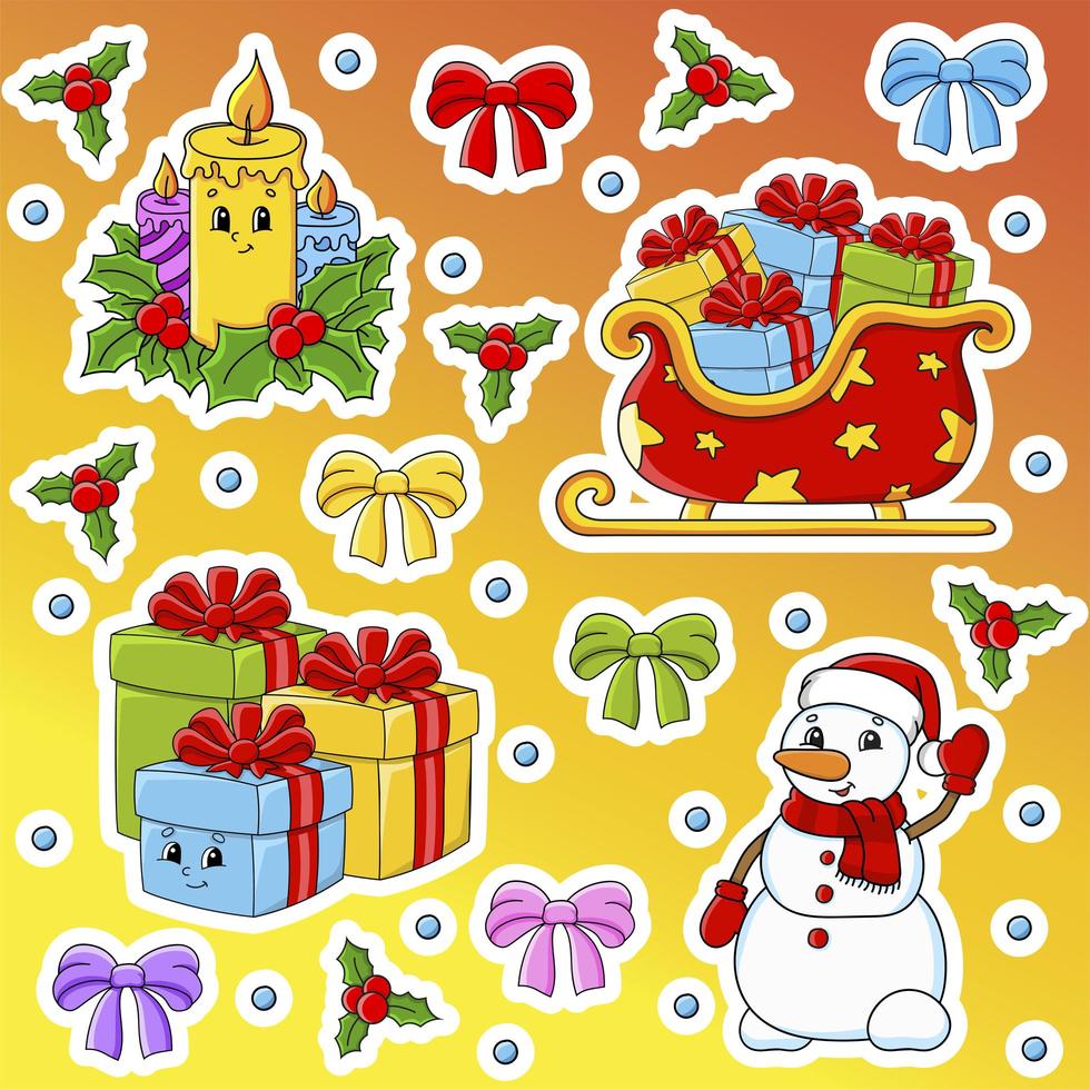 set stickers met schattige stripfiguren. kerstthema. hand getekend. kleurrijk pakket. vector illustratie. patch badges collectie. label ontwerpelementen. voor dagelijkse planner, dagboek, organisator.