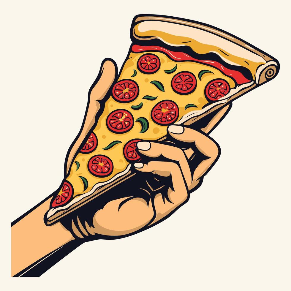 hand- Holding pizza wijnoogst gegraveerde stijl vector