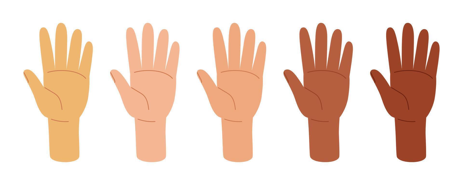 menselijk hand. groep van verschillend menselijk armen verheven omhoog. Hallo hand- gebaar. vector illustratie in hand- getrokken stijl