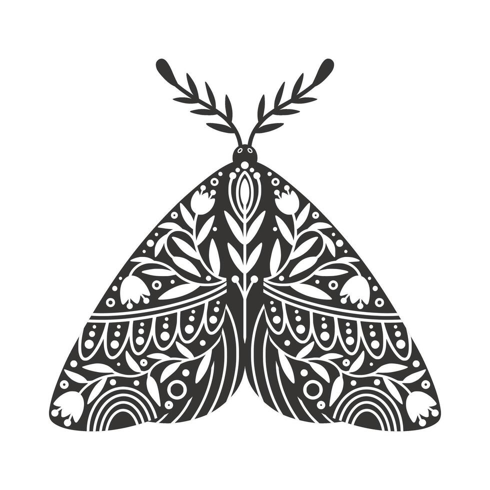 mot icoon met ornament van bloemen en bladeren. wijnoogst silhouet van zwart en wit mystiek mot of vlinder. vliegend hemel- insect, vector illustratie