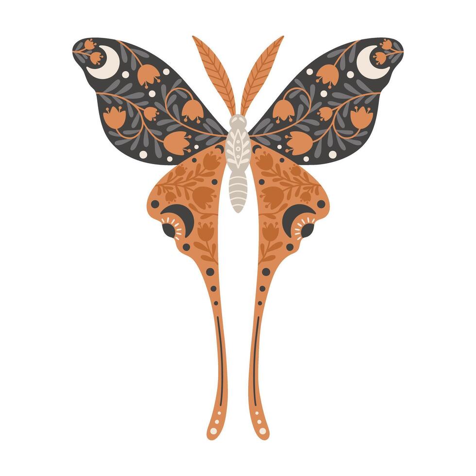 vlinder icoon met bloemen ornament. wijnoogst mystiek vlinder of mot. vliegend hemel- insect, vector illustratie