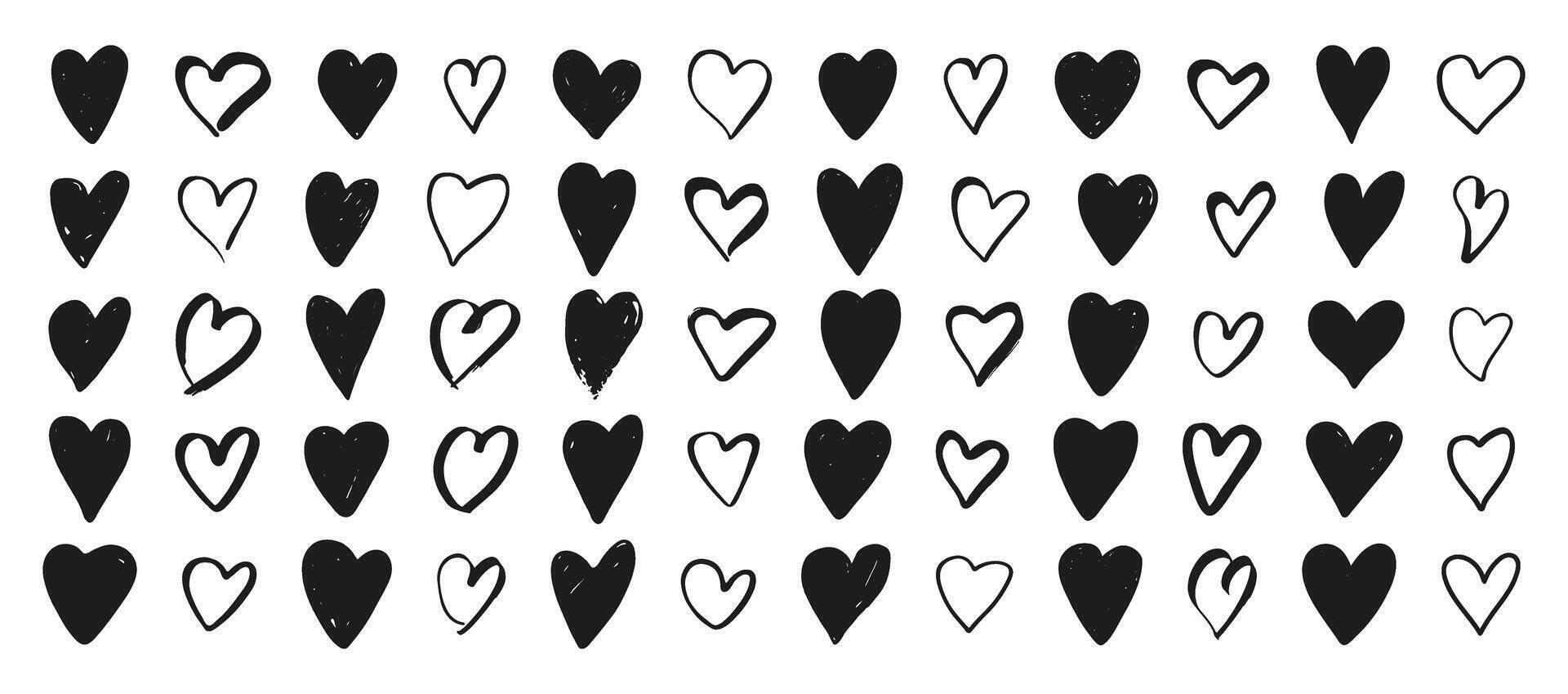 harten groot set. symbolen van Valentijnsdag dag, liefde, romantisch. hand- getrokken zwart harten, inkt grunge kunst, vector illustratie