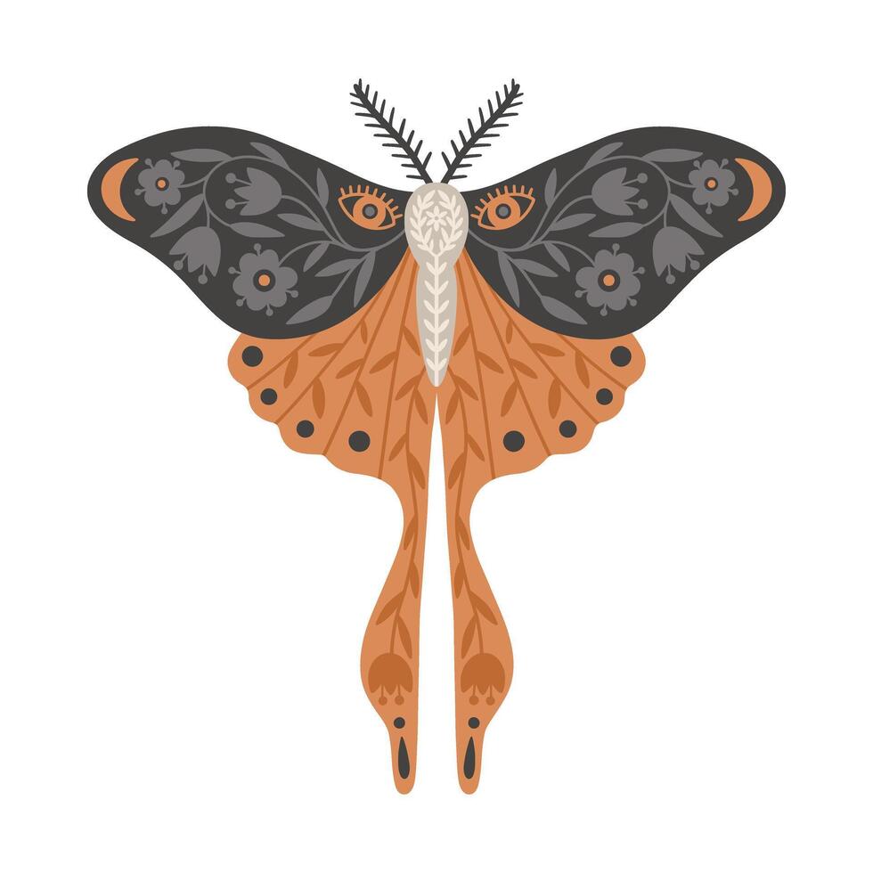 vlinder icoon met bloemen ornament. wijnoogst mystiek vlinder of mot. vliegend hemel- insect, vector illustratie