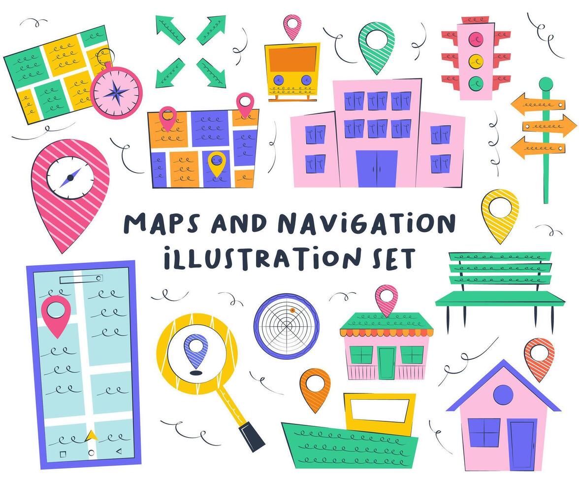 verzameling van kaart navigatie pictogrammen en locaties vector