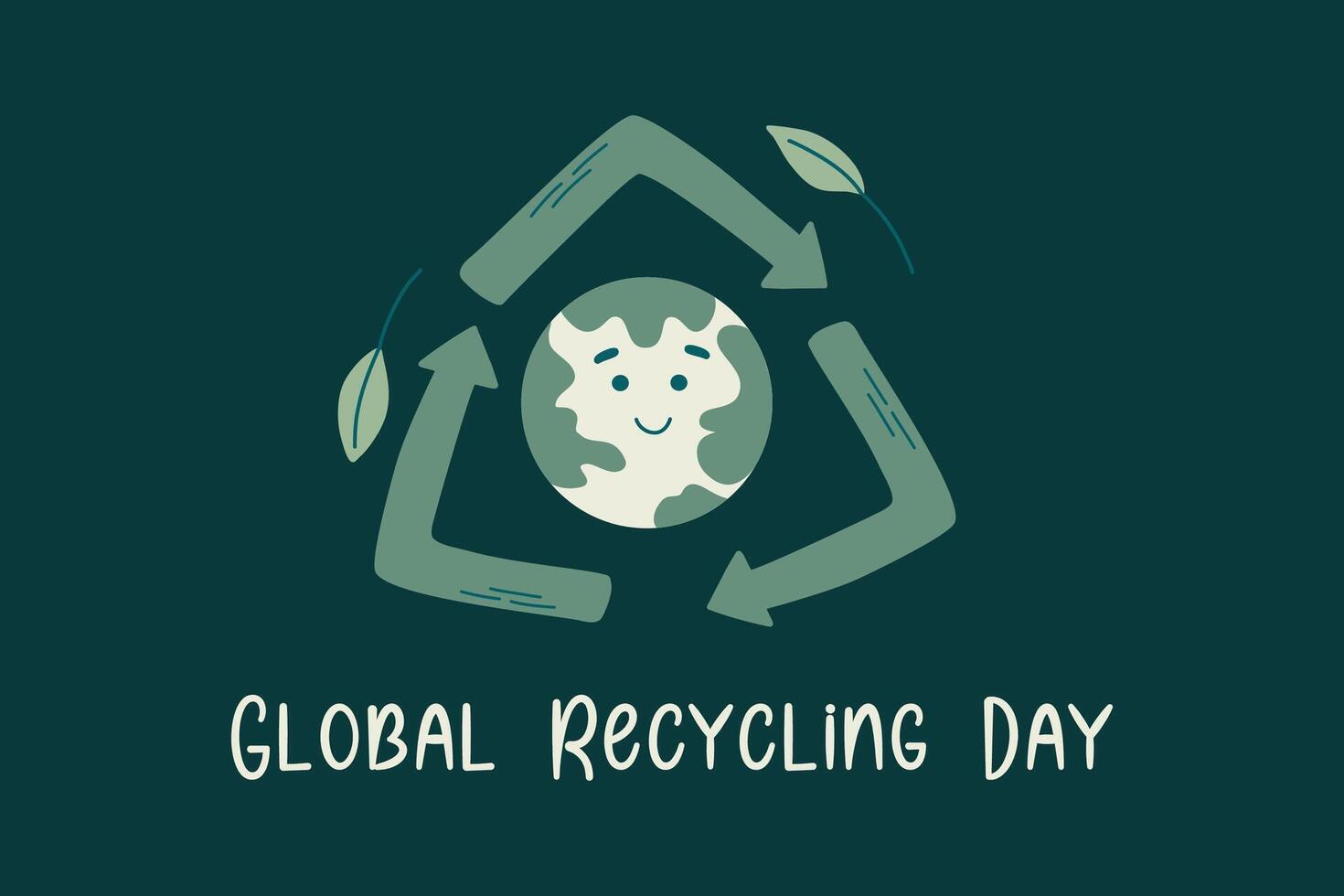 globaal recycling dag. groen achtergrond met kawaii wereldbol en recycling symbool. vlak stijl vector illustratie voor kaart, banier, poster. concept van duurzame levensstijl.