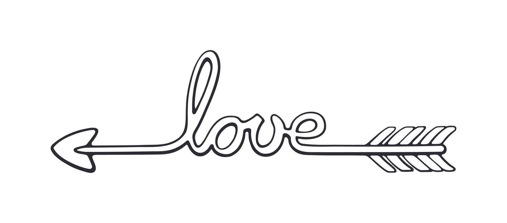 schets van Cupido pijl gebogen in de woord liefde. valentijnsdag dag symbool. vector illustratie. hand- getrokken tekening klem kunst. ontwerp element geïsoleerd Aan wit achtergrond
