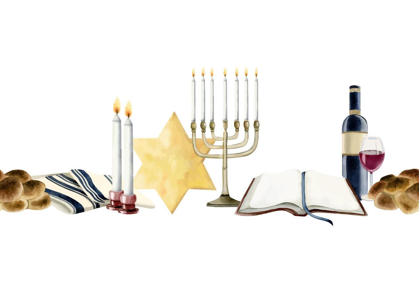 sjabbat vooravond ceremonie horizontaal naadloos grens voor groeten met Joods challah brood, wijn, Thora, kaarsen en Tallit vector