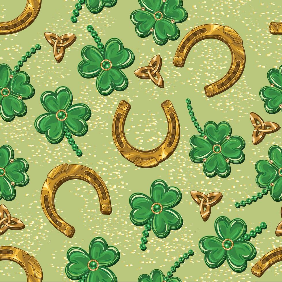 st patricks dag naadloos patroon met Klaver, Lucky klaver, triskele keltisch knoop, gouden stof, hoefijzer amulet. wijnoogst feestelijk illustratie voor afdrukken, textiel, oppervlakte ontwerp vector