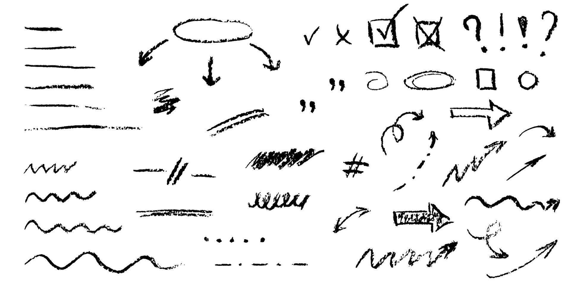 vector reeks van hand- getrokken houtskool elementen voor aantekeningen Aan wit achtergrond. tekening gebogen lijnen, onderstrepen, uitstrijkjes, aanwijzers en pijlen. potlood lijn, krijt hartinfarct, Mark schetsen, krijt tekening