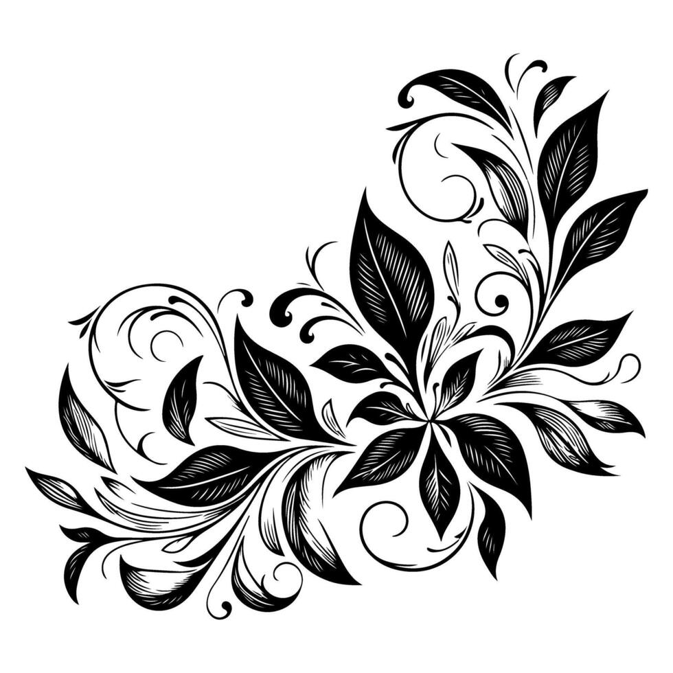 ai gegenereerd hand- trek van mooi bloemen ornament met bladeren en abstract zwart lijnen monochroom contour bloem. bloemen ontwerp element vector